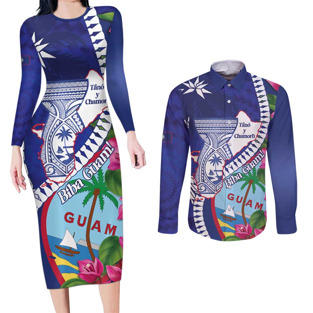 Biba Guam Liberation Day Couples Matching Long Sleeve Bodycon Dress and Long Sleeve Button Shirt Tano y Chamoru Latte Stone Blue LT14 Blue - Polynesian Pride