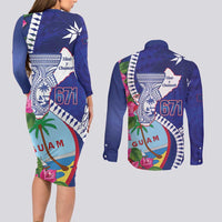 Biba Guam Liberation Day Couples Matching Long Sleeve Bodycon Dress and Long Sleeve Button Shirt Tano y Chamoru Latte Stone Blue LT14 - Polynesian Pride