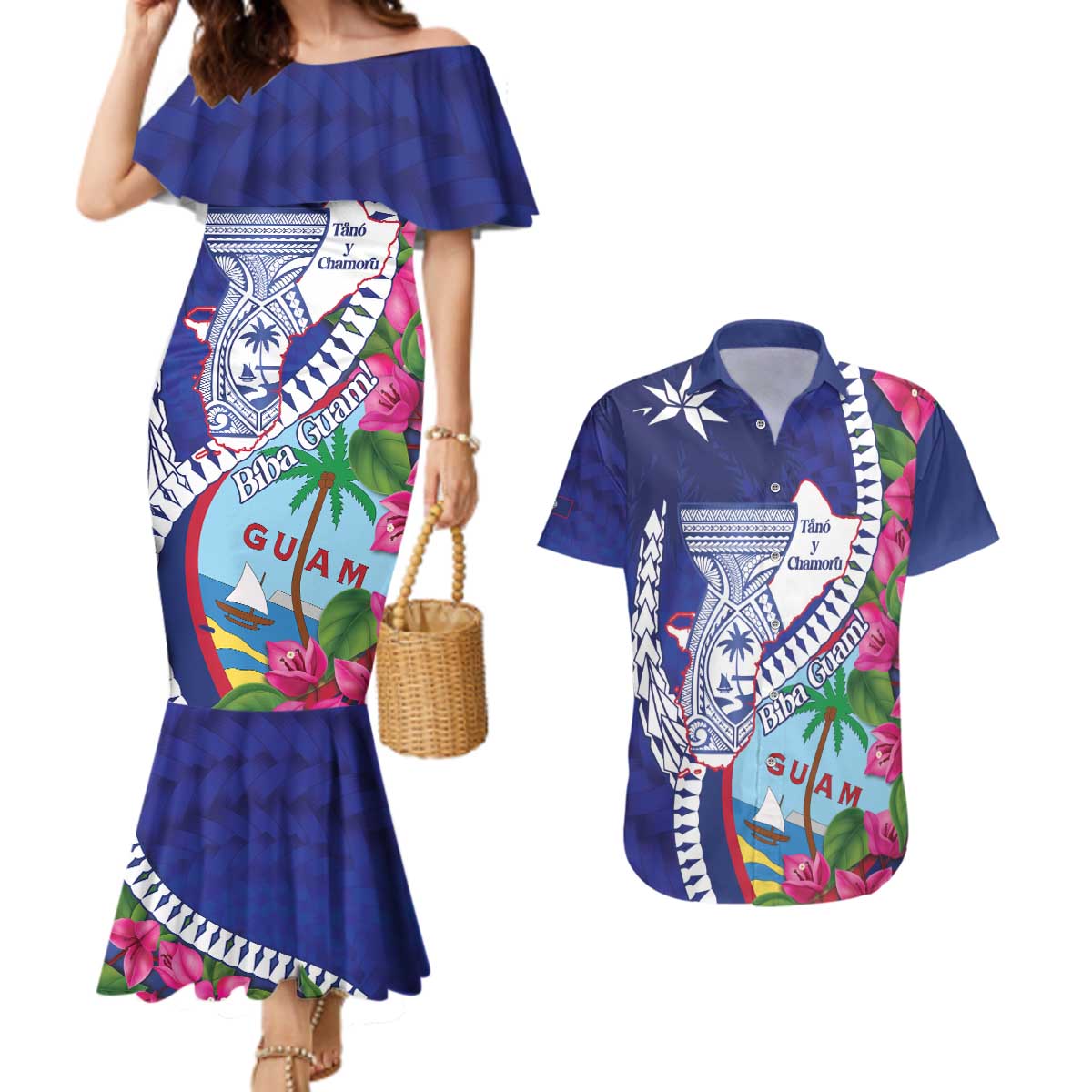 Biba Guam Liberation Day Couples Matching Mermaid Dress and Hawaiian Shirt Tano y Chamoru Latte Stone Blue LT14 Blue - Polynesian Pride