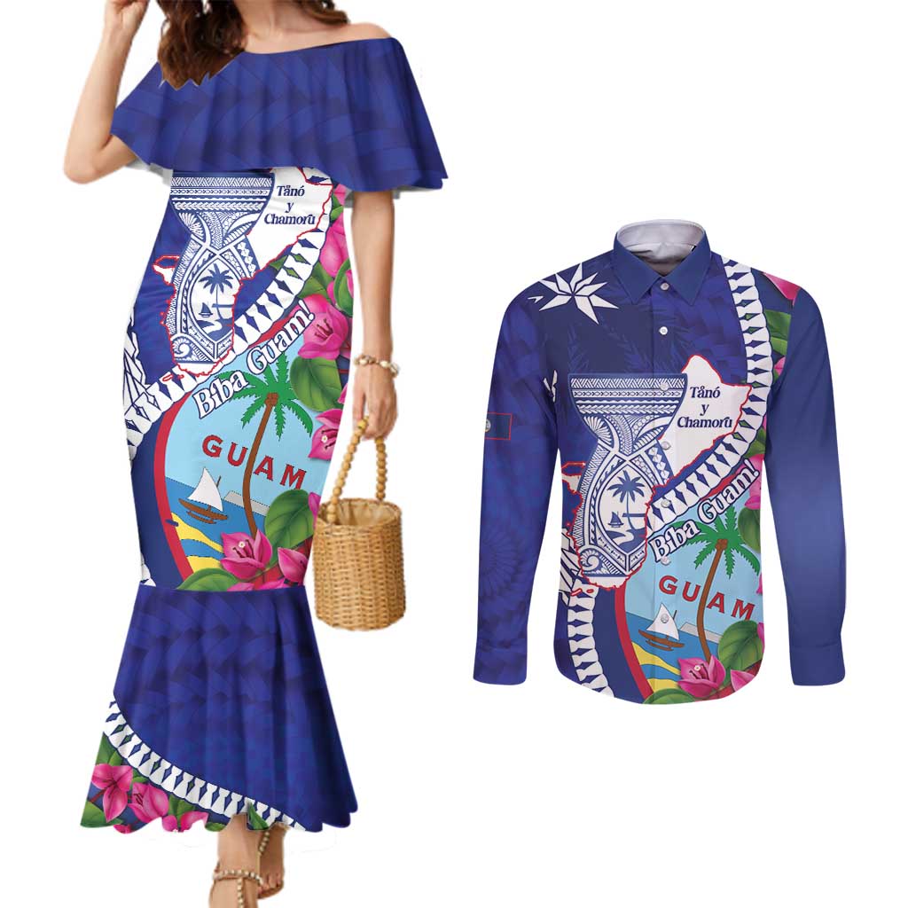 Biba Guam Liberation Day Couples Matching Mermaid Dress and Long Sleeve Button Shirt Tano y Chamoru Latte Stone Blue LT14 Blue - Polynesian Pride