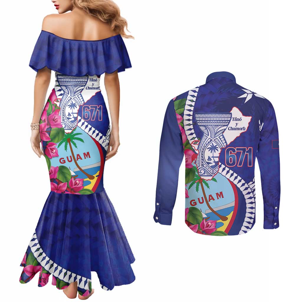 Biba Guam Liberation Day Couples Matching Mermaid Dress and Long Sleeve Button Shirt Tano y Chamoru Latte Stone Blue LT14 - Polynesian Pride