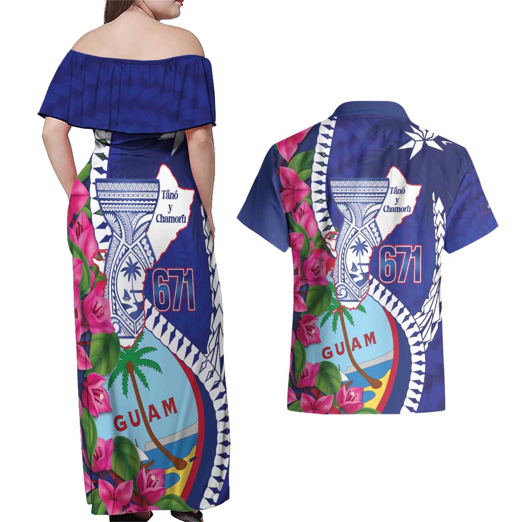 Biba Guam Liberation Day Couples Matching Off Shoulder Maxi Dress and Hawaiian Shirt Tano y Chamoru Latte Stone Blue LT14 - Polynesian Pride