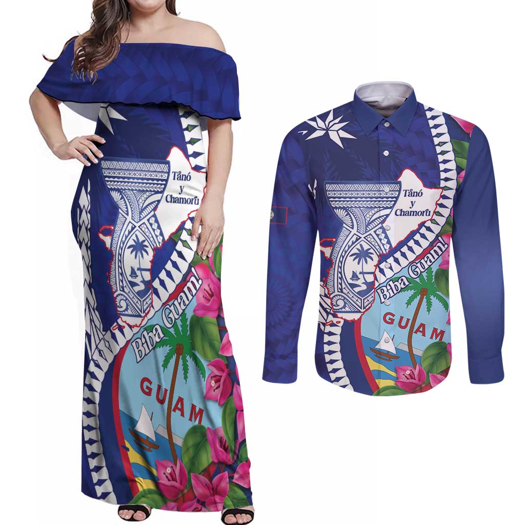 Biba Guam Liberation Day Couples Matching Off Shoulder Maxi Dress and Long Sleeve Button Shirt Tano y Chamoru Latte Stone Blue LT14 Blue - Polynesian Pride