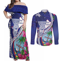 Biba Guam Liberation Day Couples Matching Off Shoulder Maxi Dress and Long Sleeve Button Shirt Tano y Chamoru Latte Stone Blue LT14 Blue - Polynesian Pride