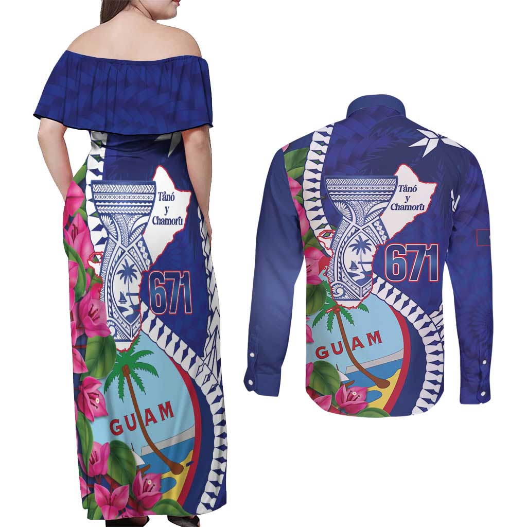 Biba Guam Liberation Day Couples Matching Off Shoulder Maxi Dress and Long Sleeve Button Shirt Tano y Chamoru Latte Stone Blue LT14 - Polynesian Pride
