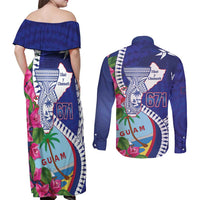 Biba Guam Liberation Day Couples Matching Off Shoulder Maxi Dress and Long Sleeve Button Shirt Tano y Chamoru Latte Stone Blue LT14 - Polynesian Pride