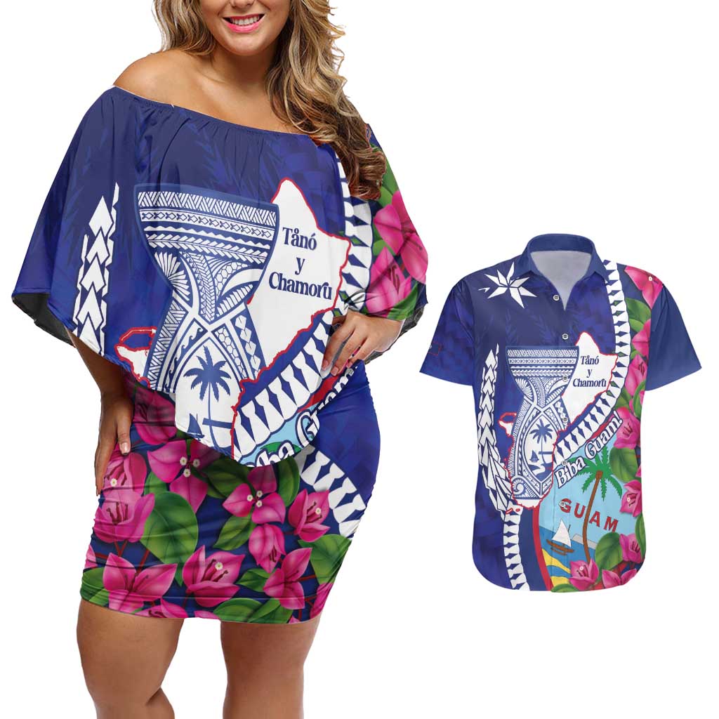 Biba Guam Liberation Day Couples Matching Off Shoulder Short Dress and Hawaiian Shirt Tano y Chamoru Latte Stone Blue LT14 Blue - Polynesian Pride