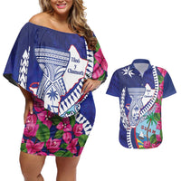 Biba Guam Liberation Day Couples Matching Off Shoulder Short Dress and Hawaiian Shirt Tano y Chamoru Latte Stone Blue LT14 Blue - Polynesian Pride