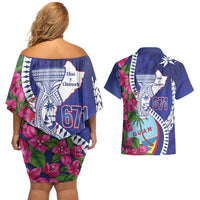 Biba Guam Liberation Day Couples Matching Off Shoulder Short Dress and Hawaiian Shirt Tano y Chamoru Latte Stone Blue LT14 - Polynesian Pride