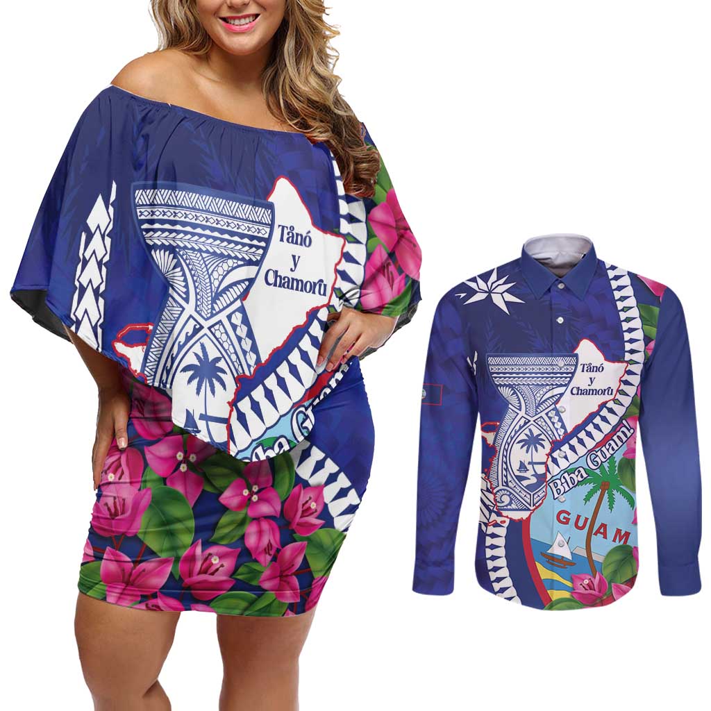 Biba Guam Liberation Day Couples Matching Off Shoulder Short Dress and Long Sleeve Button Shirt Tano y Chamoru Latte Stone Blue LT14 Blue - Polynesian Pride