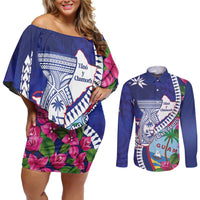 Biba Guam Liberation Day Couples Matching Off Shoulder Short Dress and Long Sleeve Button Shirt Tano y Chamoru Latte Stone Blue LT14 Blue - Polynesian Pride