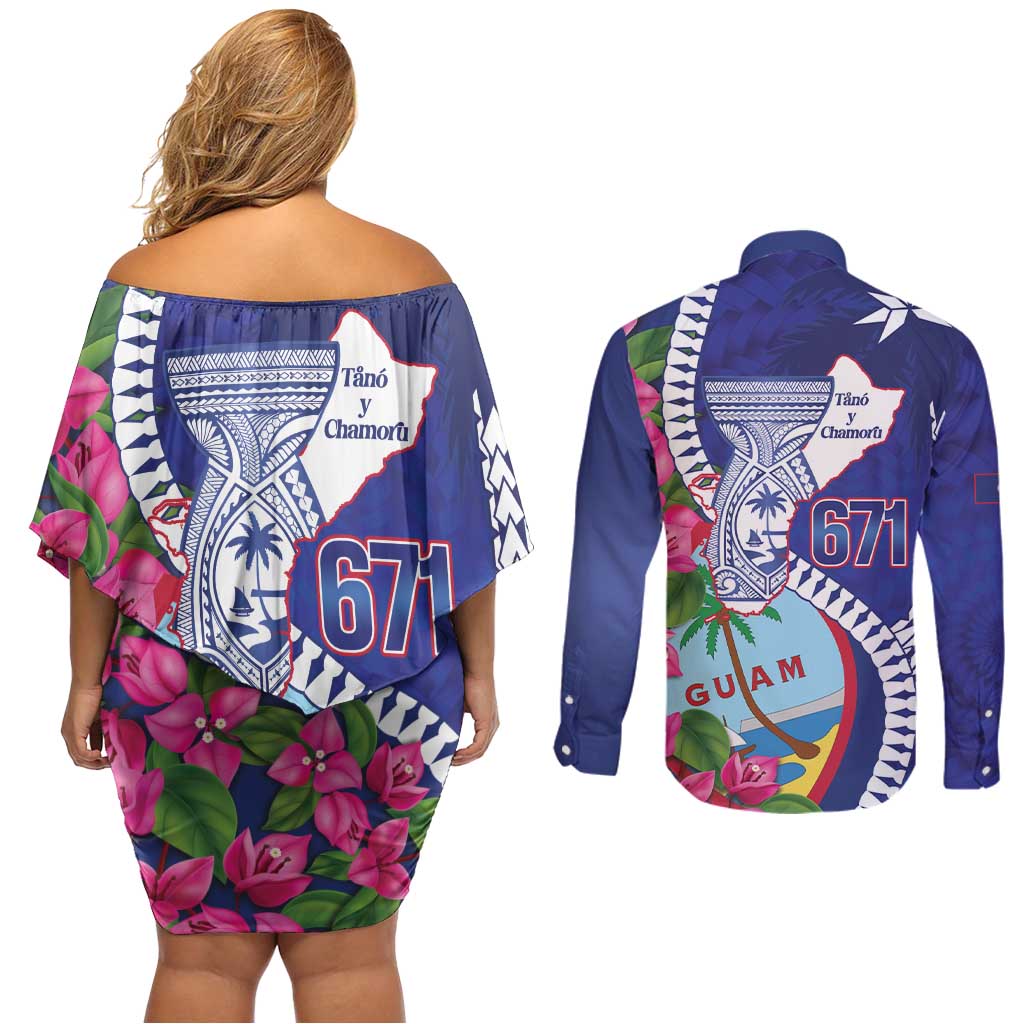 Biba Guam Liberation Day Couples Matching Off Shoulder Short Dress and Long Sleeve Button Shirt Tano y Chamoru Latte Stone Blue LT14 - Polynesian Pride