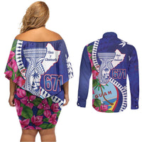 Biba Guam Liberation Day Couples Matching Off Shoulder Short Dress and Long Sleeve Button Shirt Tano y Chamoru Latte Stone Blue LT14 - Polynesian Pride