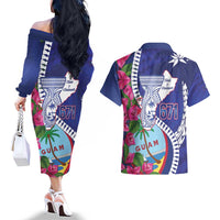 Biba Guam Liberation Day Couples Matching Off The Shoulder Long Sleeve Dress and Hawaiian Shirt Tano y Chamoru Latte Stone Blue LT14 - Polynesian Pride