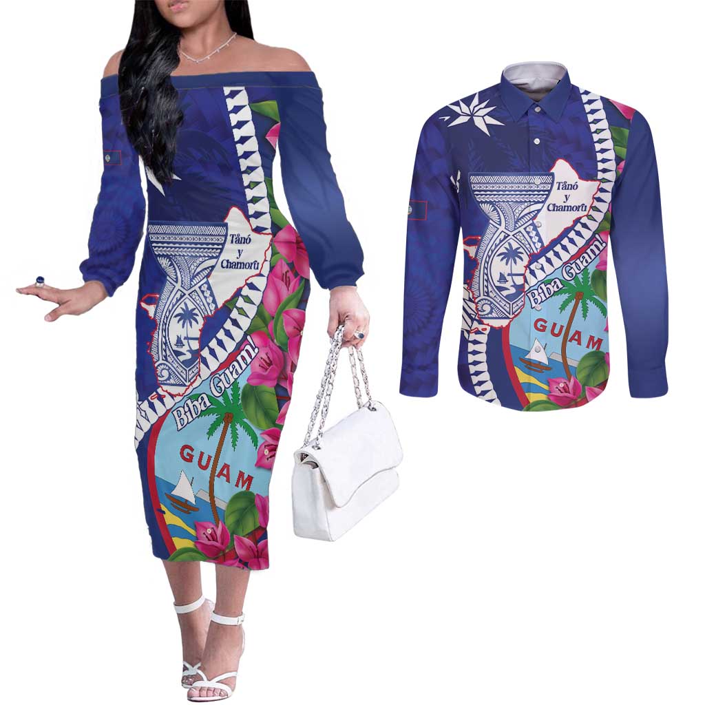Biba Guam Liberation Day Couples Matching Off The Shoulder Long Sleeve Dress and Long Sleeve Button Shirt Tano y Chamoru Latte Stone Blue LT14 Blue - Polynesian Pride