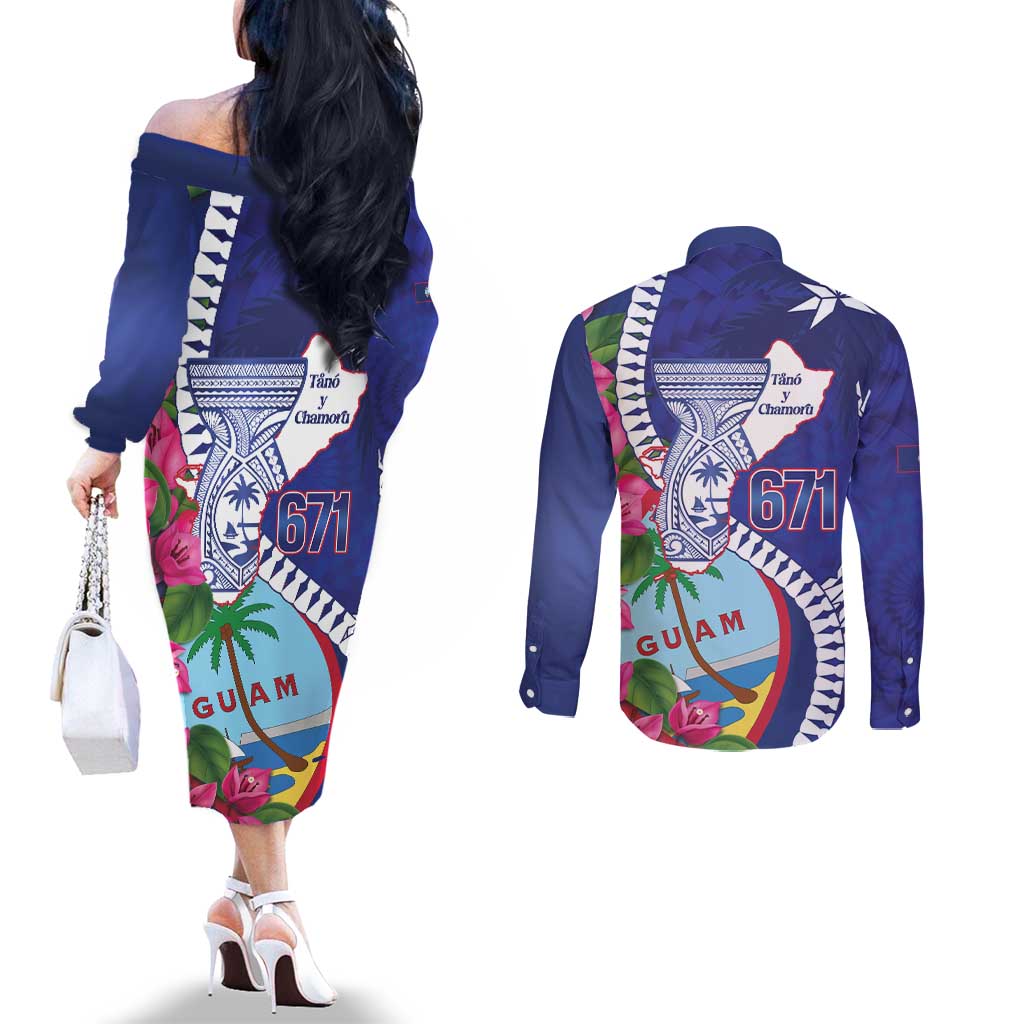 Biba Guam Liberation Day Couples Matching Off The Shoulder Long Sleeve Dress and Long Sleeve Button Shirt Tano y Chamoru Latte Stone Blue LT14 - Polynesian Pride