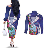 Biba Guam Liberation Day Couples Matching Off The Shoulder Long Sleeve Dress and Long Sleeve Button Shirt Tano y Chamoru Latte Stone Blue LT14 - Polynesian Pride