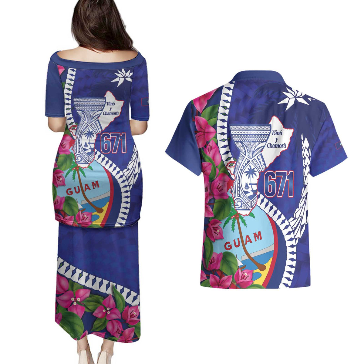 Biba Guam Liberation Day Couples Matching Puletasi and Hawaiian Shirt Tano y Chamoru Latte Stone Blue LT14 - Polynesian Pride