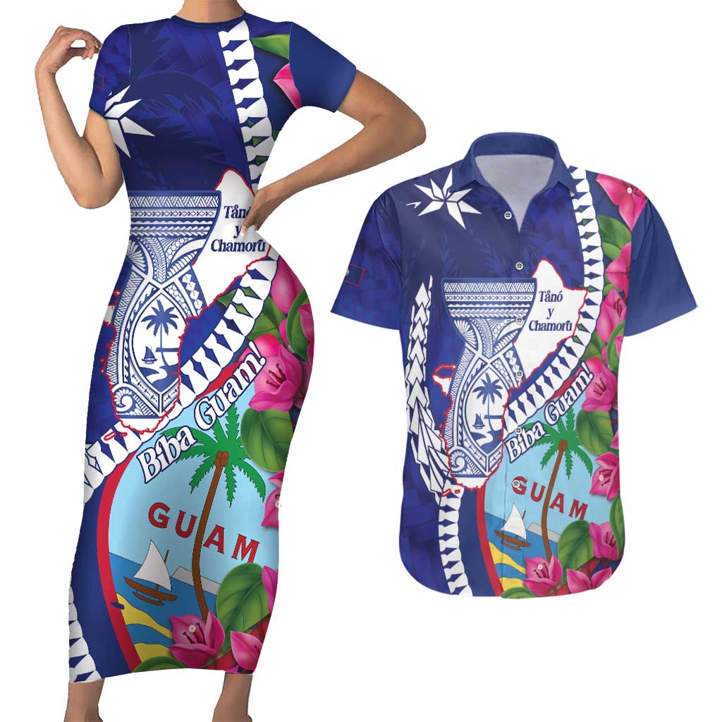 Biba Guam Liberation Day Couples Matching Short Sleeve Bodycon Dress and Hawaiian Shirt Tano y Chamoru Latte Stone Blue LT14 Blue - Polynesian Pride