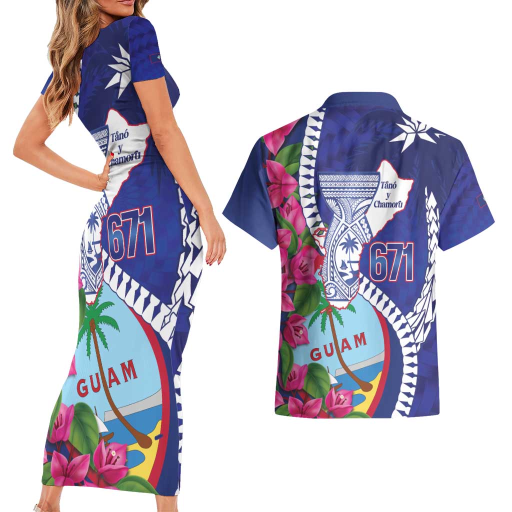 Biba Guam Liberation Day Couples Matching Short Sleeve Bodycon Dress and Hawaiian Shirt Tano y Chamoru Latte Stone Blue LT14 - Polynesian Pride