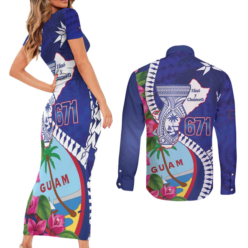 Biba Guam Liberation Day Couples Matching Short Sleeve Bodycon Dress and Long Sleeve Button Shirt Tano y Chamoru Latte Stone Blue LT14 - Polynesian Pride