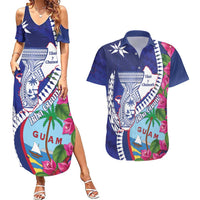 Biba Guam Liberation Day Couples Matching Summer Maxi Dress and Hawaiian Shirt Tano y Chamoru Latte Stone Blue LT14 Blue - Polynesian Pride