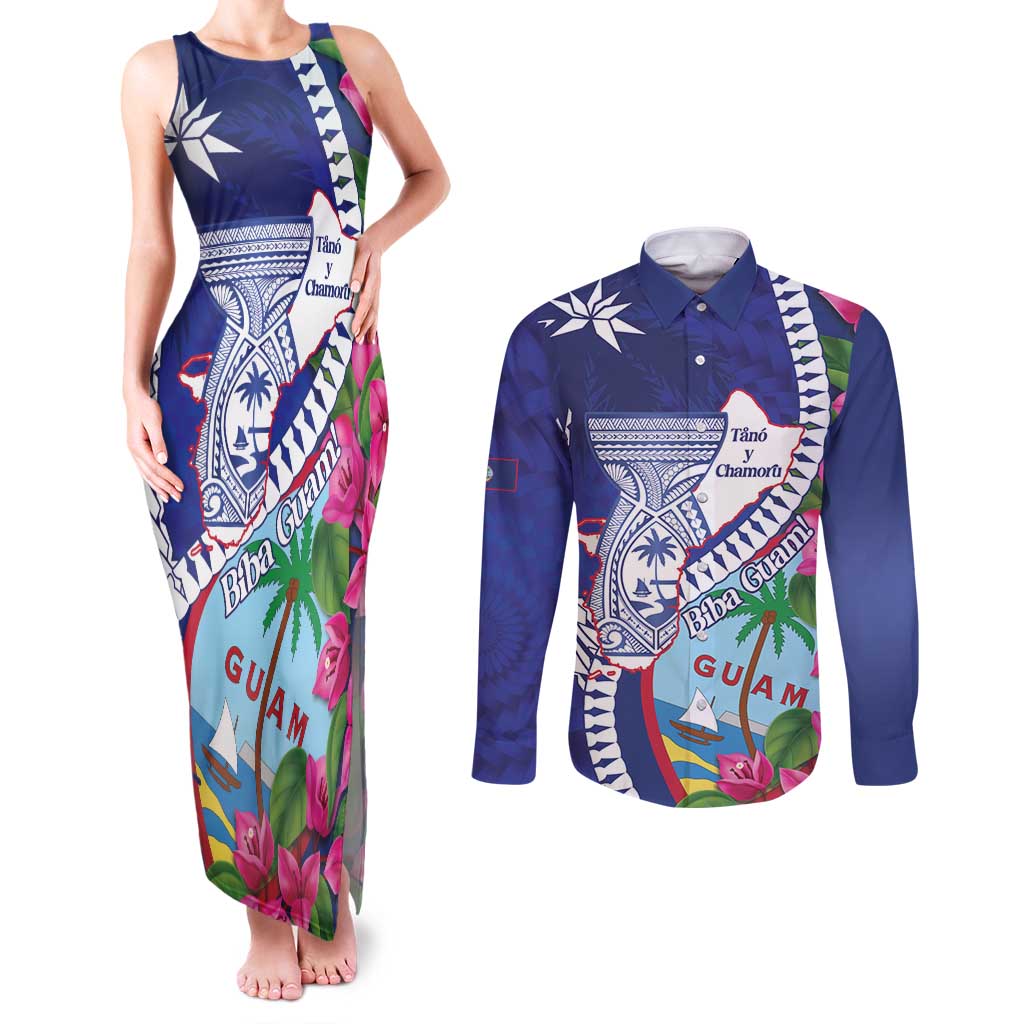 Biba Guam Liberation Day Couples Matching Tank Maxi Dress and Long Sleeve Button Shirt Tano y Chamoru Latte Stone Blue LT14 Blue - Polynesian Pride