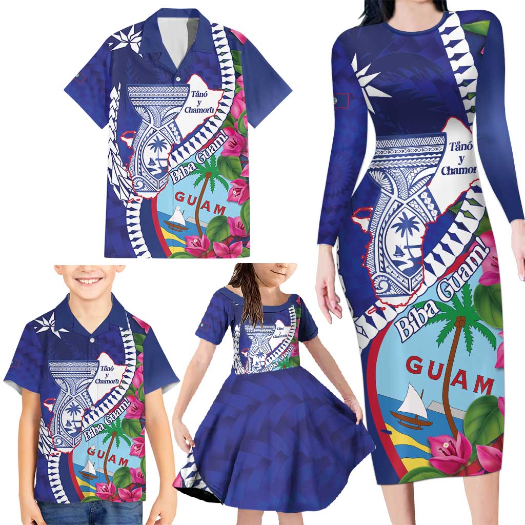 Biba Guam Liberation Day Family Matching Long Sleeve Bodycon Dress and Hawaiian Shirt Tano y Chamoru Latte Stone Blue LT14 - Polynesian Pride