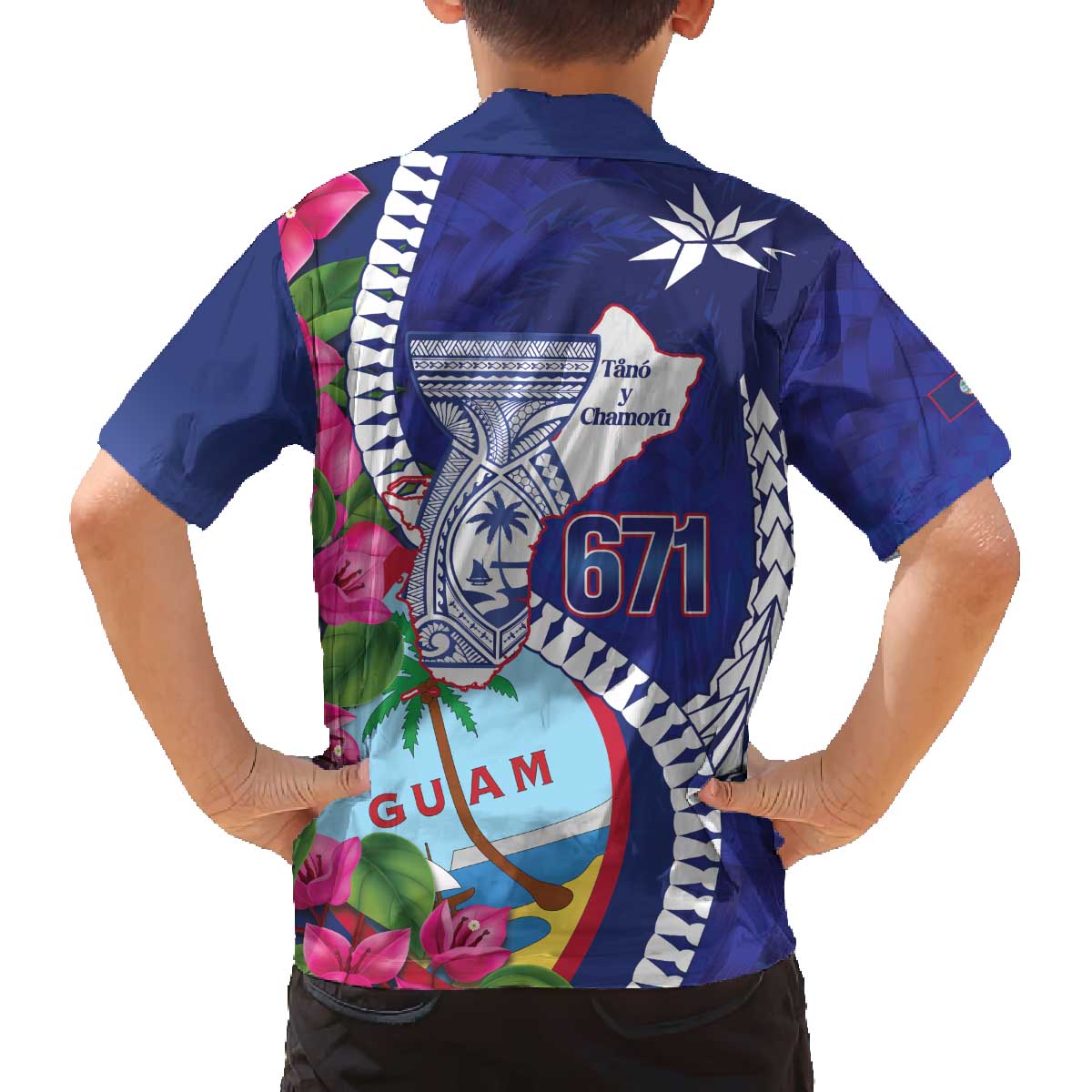 Biba Guam Liberation Day Family Matching Off The Shoulder Long Sleeve Dress and Hawaiian Shirt Tano y Chamoru Latte Stone Blue LT14 - Polynesian Pride