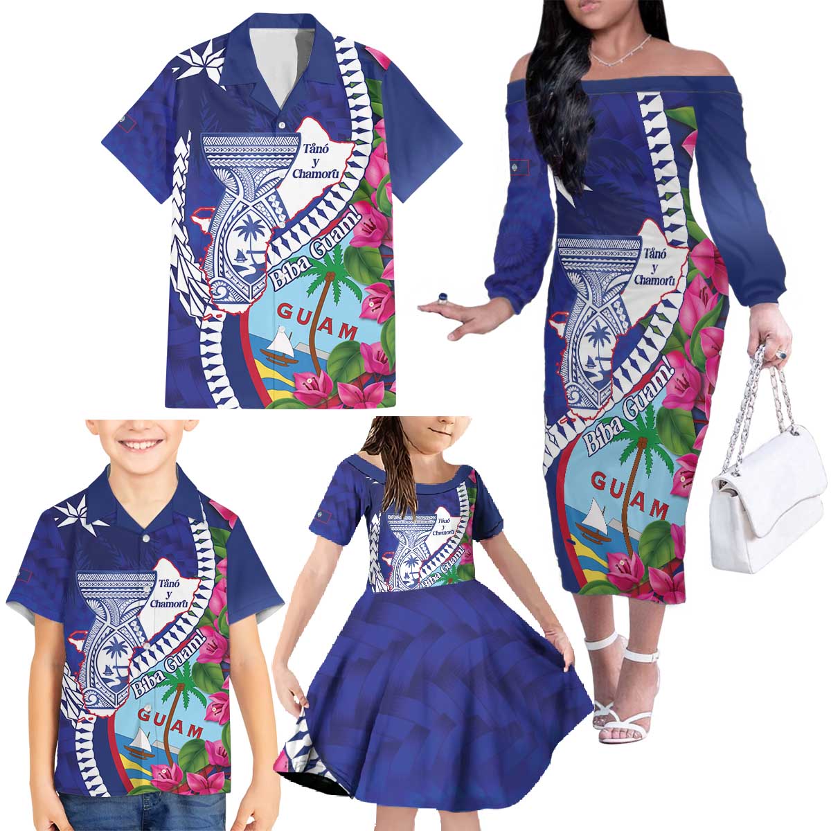 Biba Guam Liberation Day Family Matching Off The Shoulder Long Sleeve Dress and Hawaiian Shirt Tano y Chamoru Latte Stone Blue LT14 - Polynesian Pride