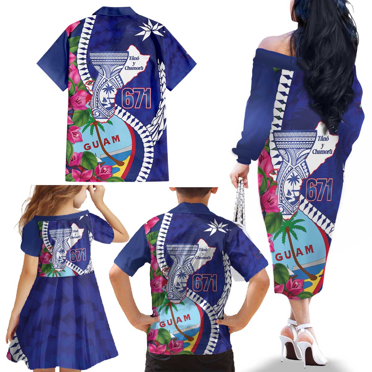 Biba Guam Liberation Day Family Matching Off The Shoulder Long Sleeve Dress and Hawaiian Shirt Tano y Chamoru Latte Stone Blue LT14 - Polynesian Pride