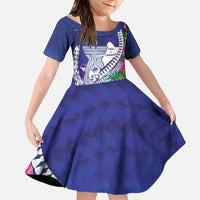 Biba Guam Liberation Day Family Matching Off Shoulder Maxi Dress and Hawaiian Shirt Tano y Chamoru Latte Stone Blue LT14 Daughter's Dress Blue - Polynesian Pride
