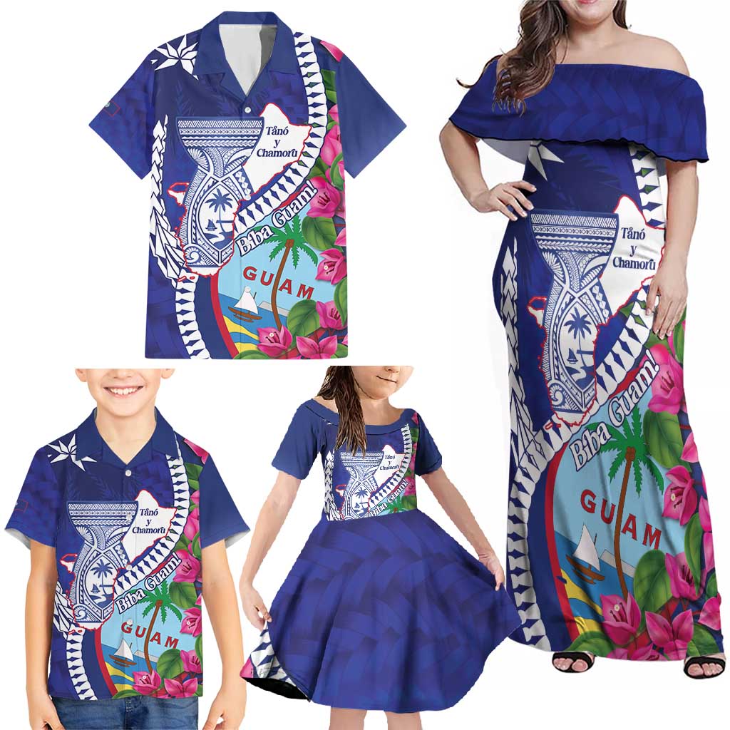 Biba Guam Liberation Day Family Matching Off Shoulder Maxi Dress and Hawaiian Shirt Tano y Chamoru Latte Stone Blue LT14 - Polynesian Pride