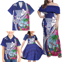 Biba Guam Liberation Day Family Matching Off Shoulder Maxi Dress and Hawaiian Shirt Tano y Chamoru Latte Stone Blue LT14 - Polynesian Pride
