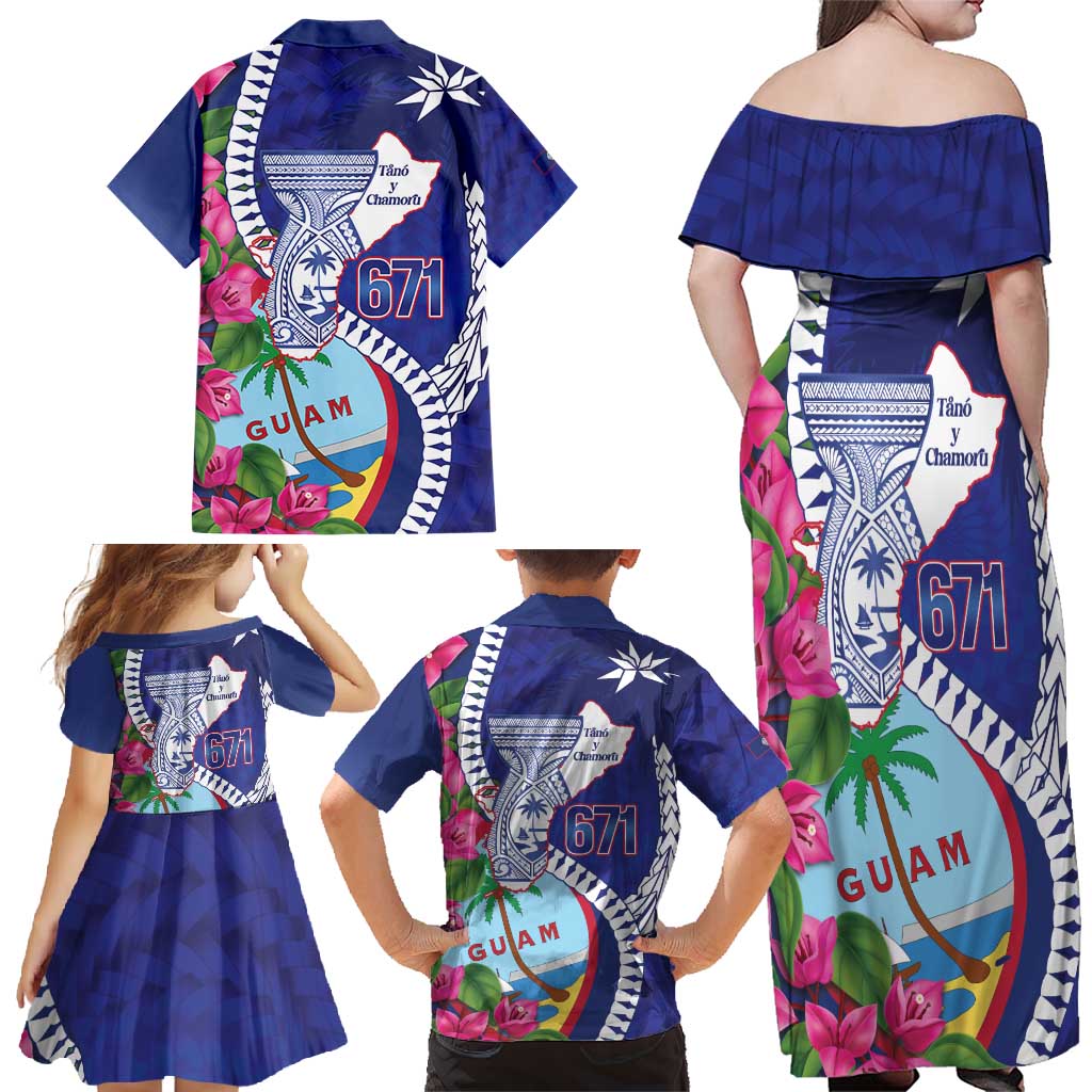 Biba Guam Liberation Day Family Matching Off Shoulder Maxi Dress and Hawaiian Shirt Tano y Chamoru Latte Stone Blue LT14 - Polynesian Pride