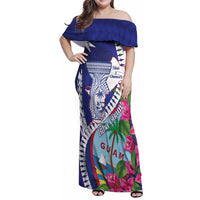 Biba Guam Liberation Day Family Matching Off Shoulder Maxi Dress and Hawaiian Shirt Tano y Chamoru Latte Stone Blue LT14 Mom's Dress Blue - Polynesian Pride