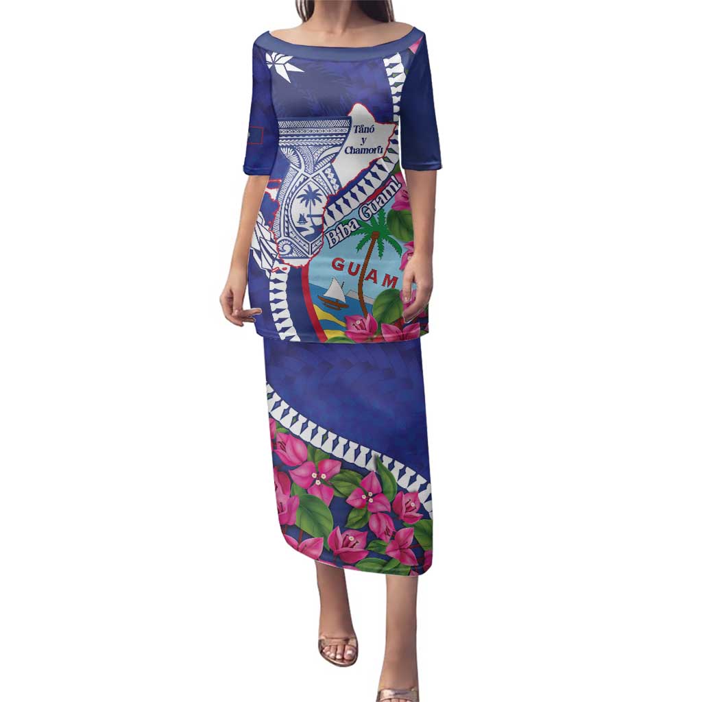 Biba Guam Liberation Day Family Matching Puletasi and Hawaiian Shirt Tano y Chamoru Latte Stone Blue LT14 Mom's Dress Blue - Polynesian Pride