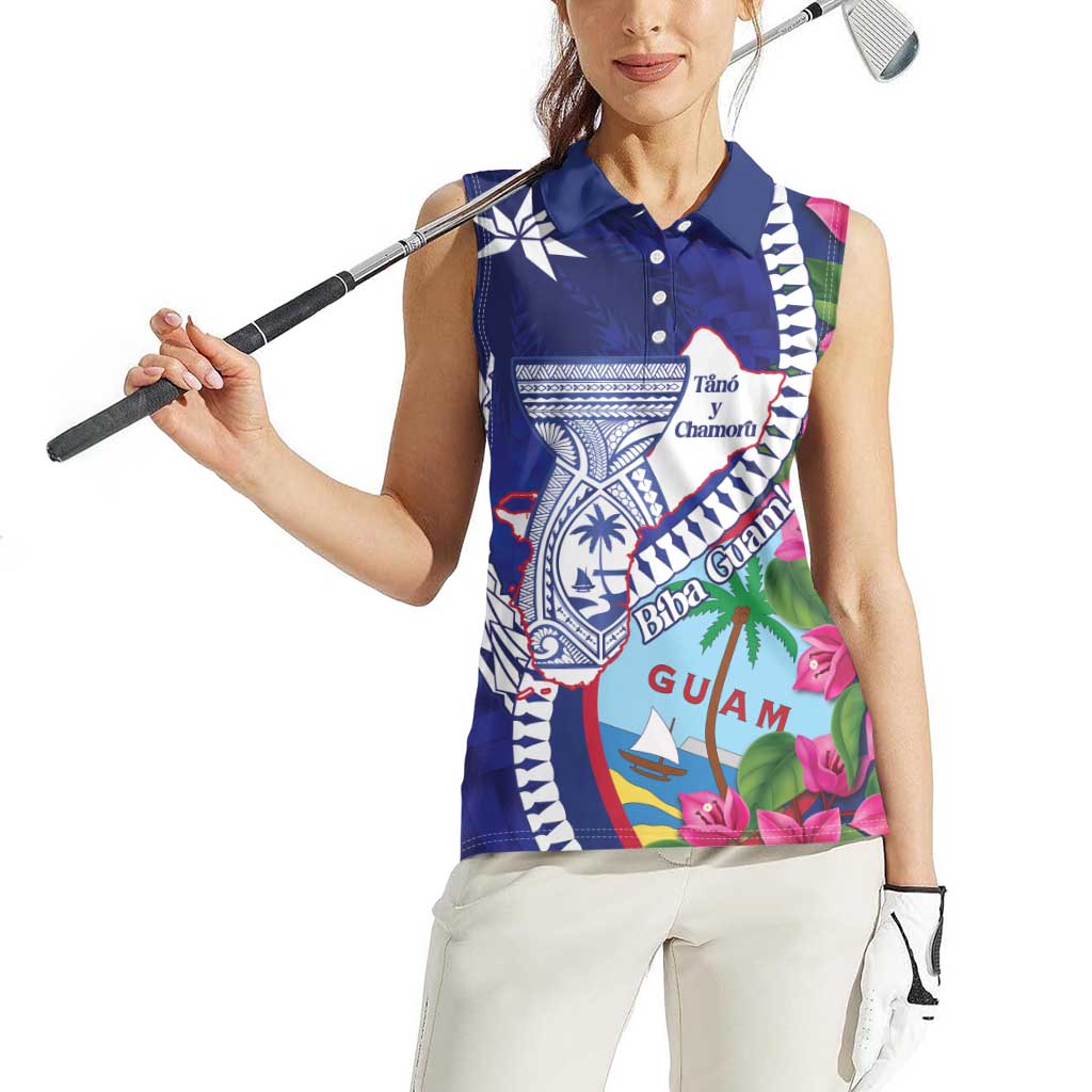 Biba Guam Liberation Day Women Sleeveless Polo Shirt Tano y Chamoru Latte Stone Blue LT14 - Polynesian Pride