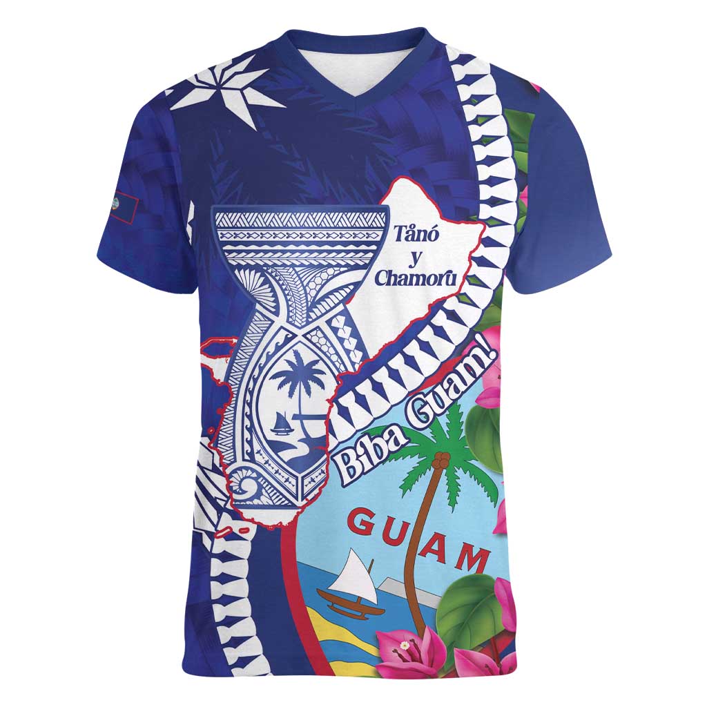 Biba Guam Liberation Day Women V-Neck T-Shirt Tano y Chamoru Latte Stone Blue LT14 Female Blue - Polynesian Pride