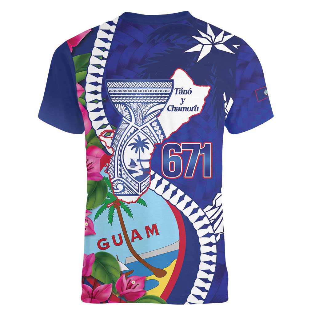 Biba Guam Liberation Day Women V-Neck T-Shirt Tano y Chamoru Latte Stone Blue LT14 - Polynesian Pride