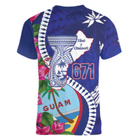 Biba Guam Liberation Day Women V-Neck T-Shirt Tano y Chamoru Latte Stone Blue LT14 - Polynesian Pride