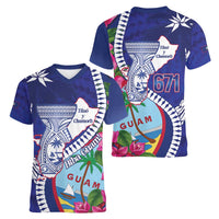 Biba Guam Liberation Day Women V-Neck T-Shirt Tano y Chamoru Latte Stone Blue LT14 - Polynesian Pride