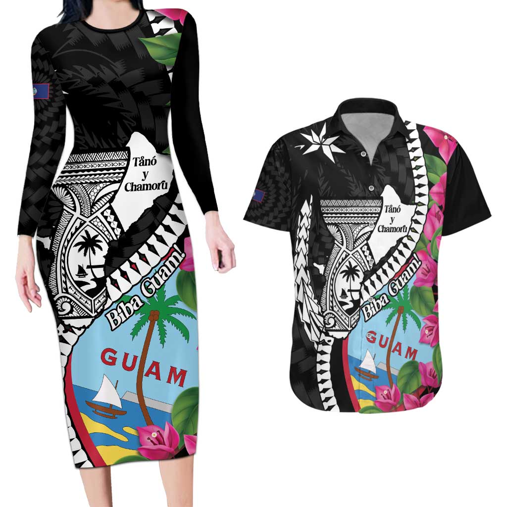 Biba Guam Liberation Day Couples Matching Long Sleeve Bodycon Dress and Hawaiian Shirt Tano y Chamoru Latte Stone Black LT14 Black - Polynesian Pride