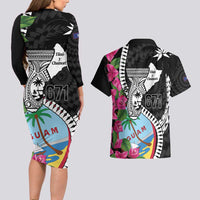 Biba Guam Liberation Day Couples Matching Long Sleeve Bodycon Dress and Hawaiian Shirt Tano y Chamoru Latte Stone Black LT14 - Polynesian Pride