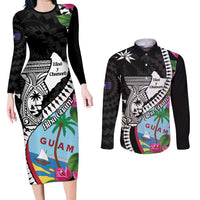 Biba Guam Liberation Day Couples Matching Long Sleeve Bodycon Dress and Long Sleeve Button Shirt Tano y Chamoru Latte Stone Black LT14 Black - Polynesian Pride