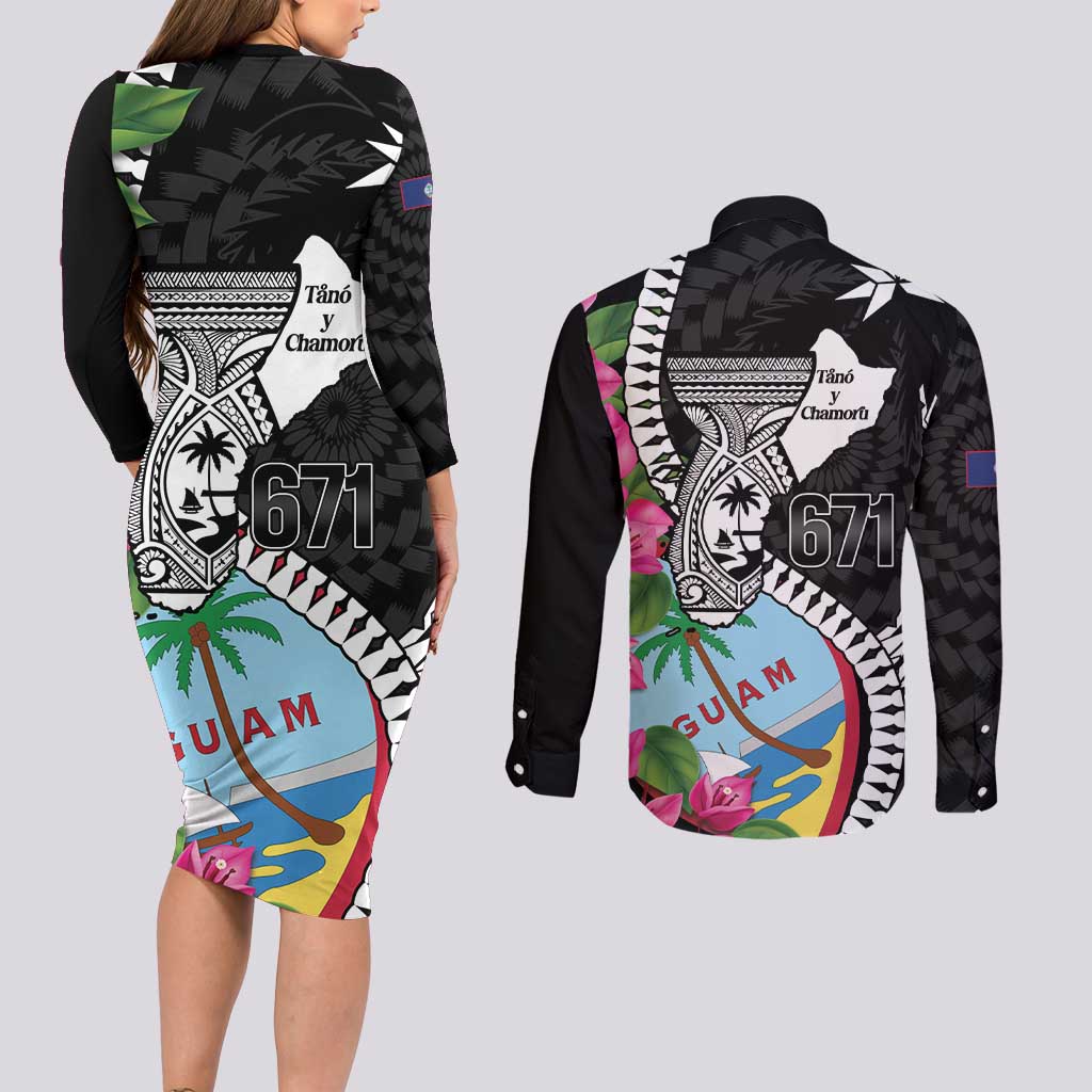 Biba Guam Liberation Day Couples Matching Long Sleeve Bodycon Dress and Long Sleeve Button Shirt Tano y Chamoru Latte Stone Black LT14 - Polynesian Pride