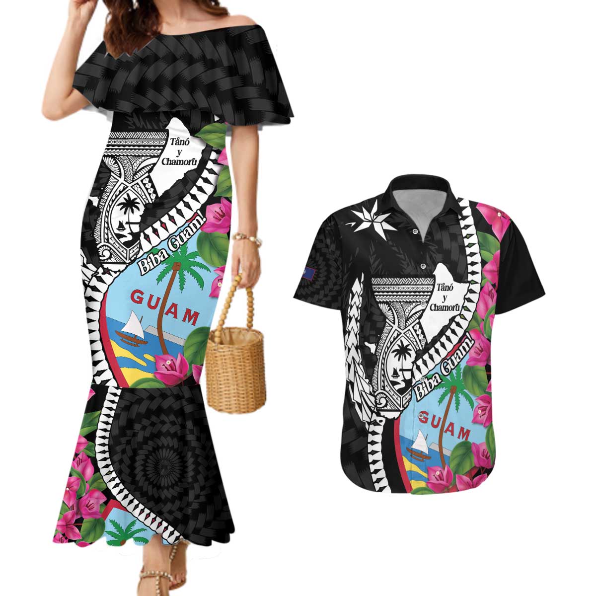 Biba Guam Liberation Day Couples Matching Mermaid Dress and Hawaiian Shirt Tano y Chamoru Latte Stone Black LT14 Black - Polynesian Pride