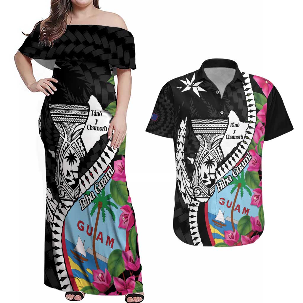 Biba Guam Liberation Day Couples Matching Off Shoulder Maxi Dress and Hawaiian Shirt Tano y Chamoru Latte Stone Black LT14 Black - Polynesian Pride