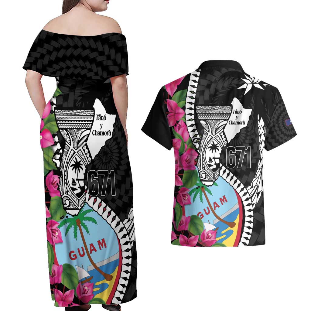 Biba Guam Liberation Day Couples Matching Off Shoulder Maxi Dress and Hawaiian Shirt Tano y Chamoru Latte Stone Black LT14 - Polynesian Pride