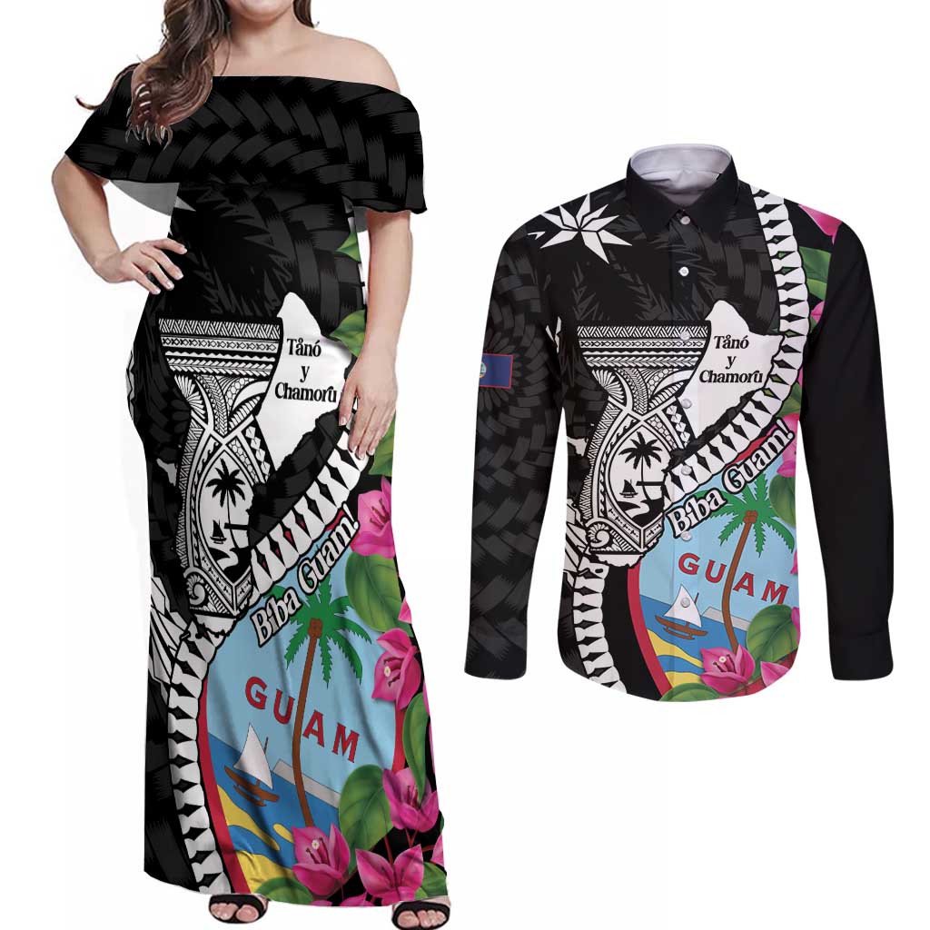 Biba Guam Liberation Day Couples Matching Off Shoulder Maxi Dress and Long Sleeve Button Shirt Tano y Chamoru Latte Stone Black LT14 Black - Polynesian Pride